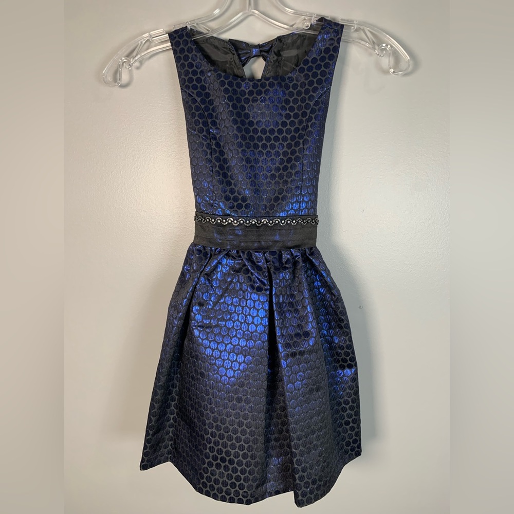 Bonnie Jean black with blue metallic all over dot dress. Size 6